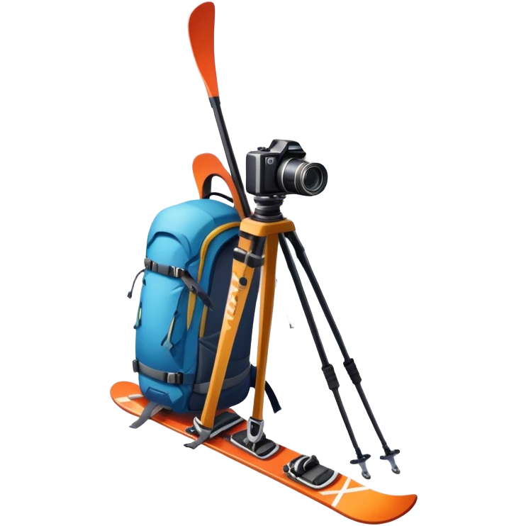 Icon for Mountain Tourism: a distant snow-capped mountain peak with skis, a snowboard, an ice axe, a backpack and a camera. The icon should convey the spirit of adventure and exploration in the mountains. Transparent background. emoji