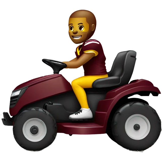Football player on a lawn mower wearing maroon and gold emoji