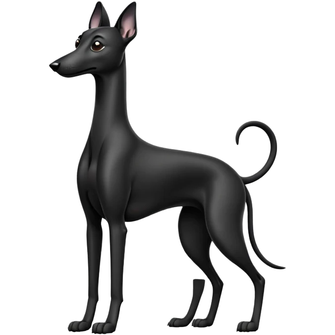 cinematic-[black greyhound]-realistic-full-body-sitting-emoji,-tail-resting-loosely-beside-its-paws,-head-tilted-dramatically, ears drooped, -sleek-[black]-fur,-simplified-yet-realistic-focused-features,-highly-detailed,-glowing-with-an-almost-sarcastic-glow emoji