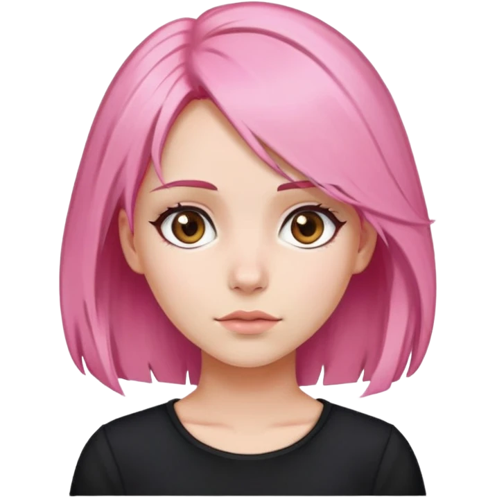 Garota zumbir, cabelo rosa e longos, olhos castanhos e blusa preta emoji