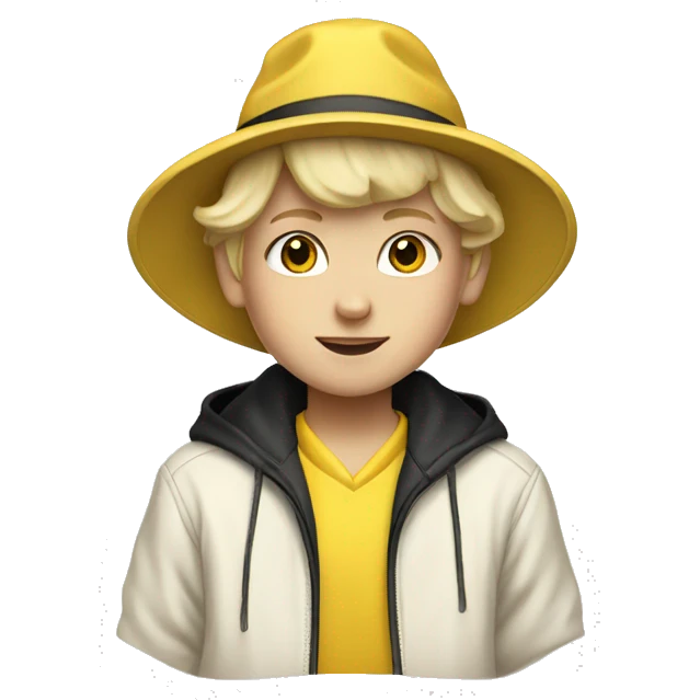 Blonde haired kid in a vintage white and yellow windbreaker with a black hat emoji