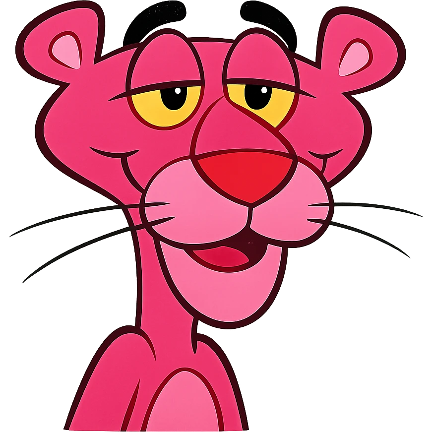 Show only the face of the Pink Panther inspired by the classic animation style. Make it more beautiful with a vibrant pink color and an expressive face. No background. emoji