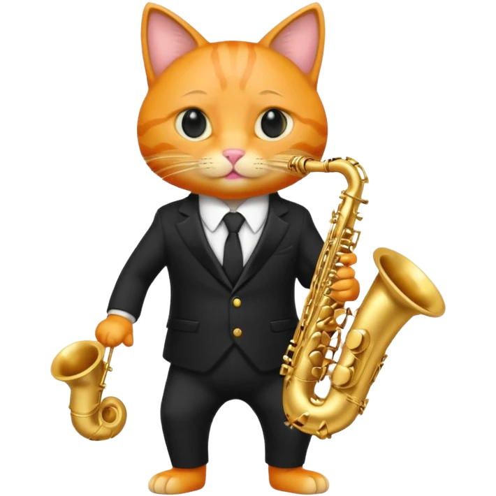 orange cat play gold saxophone, wear black suit, portrait emoji