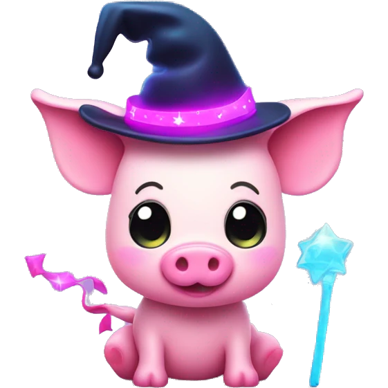 Kawaii neon piglet with magic hat and wand  emoji