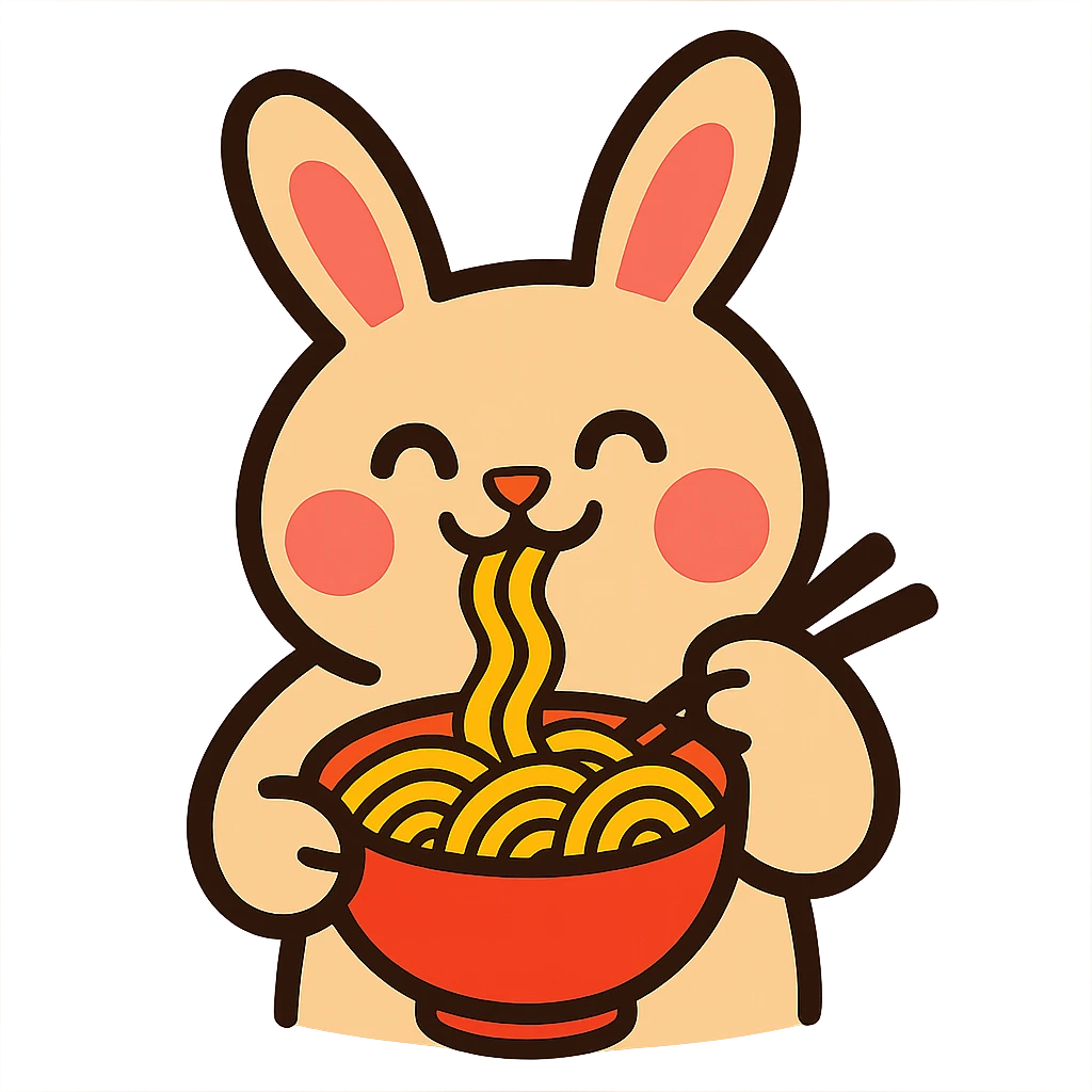 beige bunny happily slurping noodles in vibrant-toon style emoji