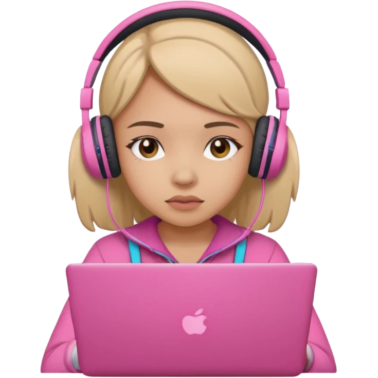 a girl with a pink laptop with headphones, color outline icon style, looking sad emoji