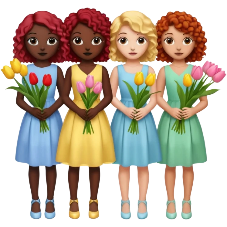 5 girls at a garden party wearing pastel dresses and holding tulips, one is black, one is blond, one has brown hair, one has red hair, the last one is has curly hair emoji