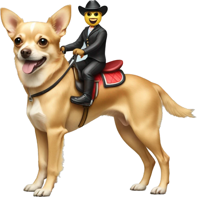 chihuahua riding on top of a golden retriever like a horse jockey  emoji