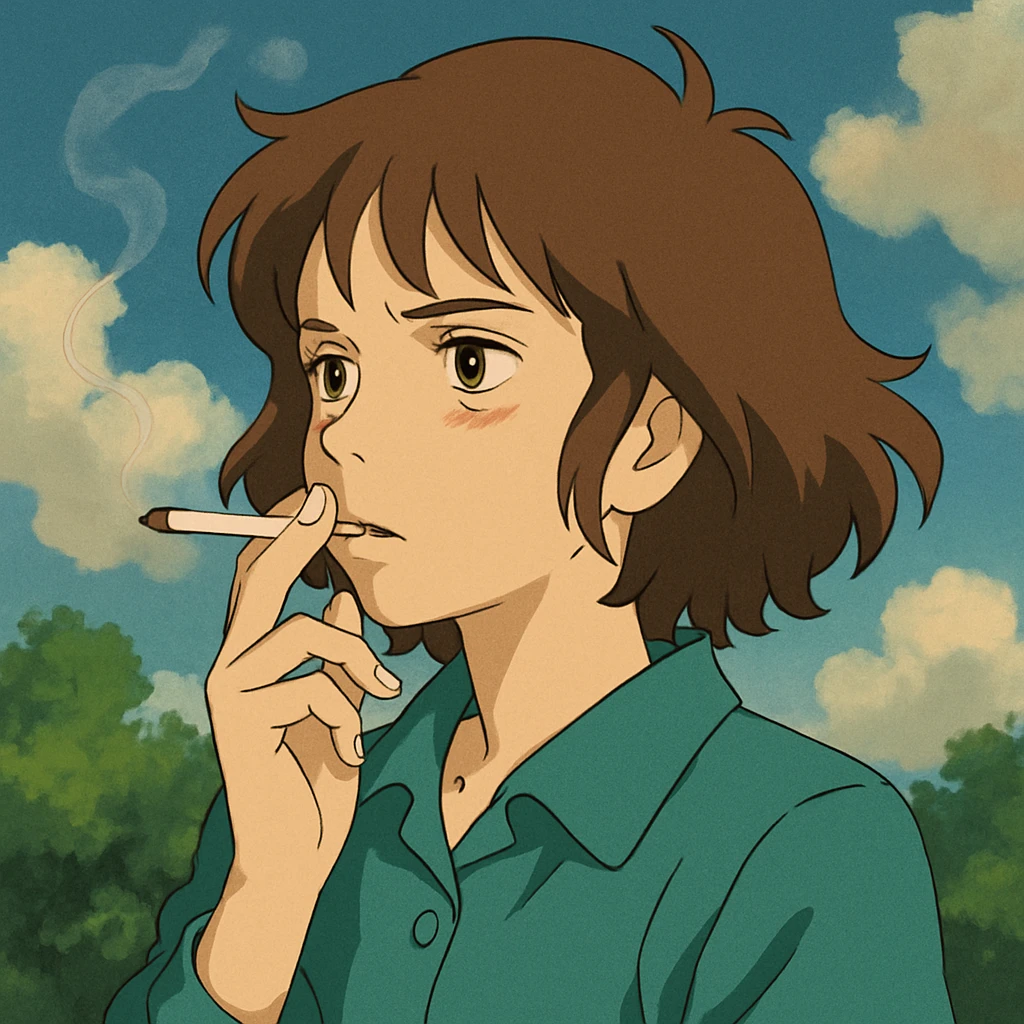 a girl smoking, different artistic style, ghibli style, detailed, expressive emoji