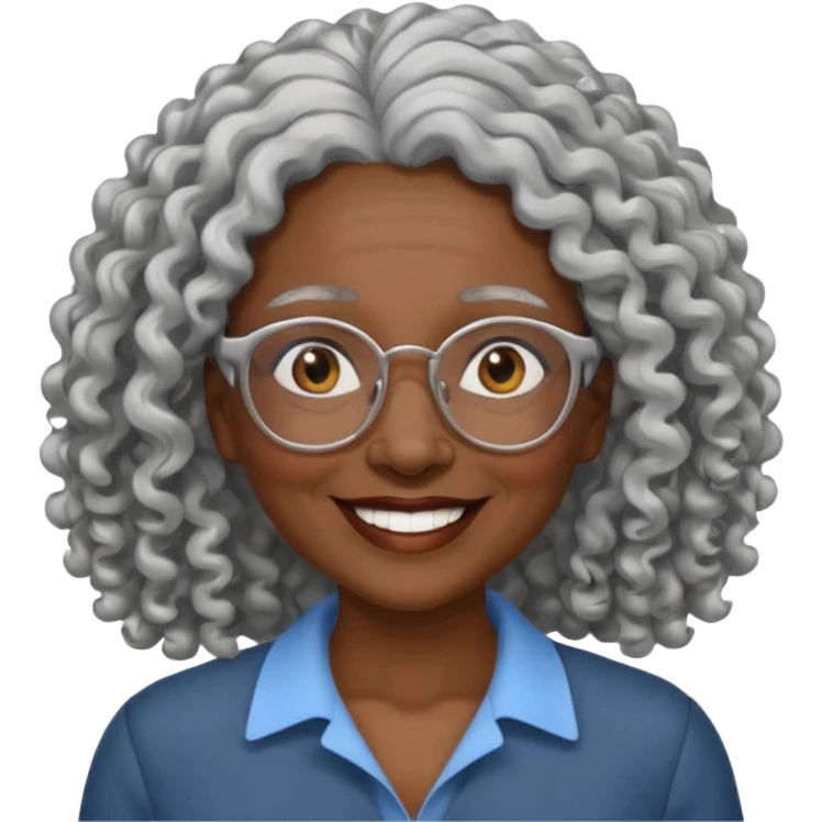 smiling dark older black woman wearing glasses with lots of long curly silver hair a emoji