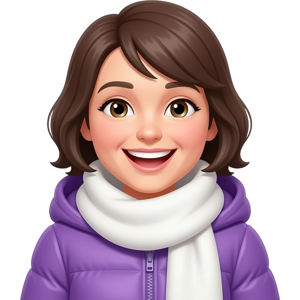 english winter woman with big white scarves on neck purple puffin jacket laughing emoji