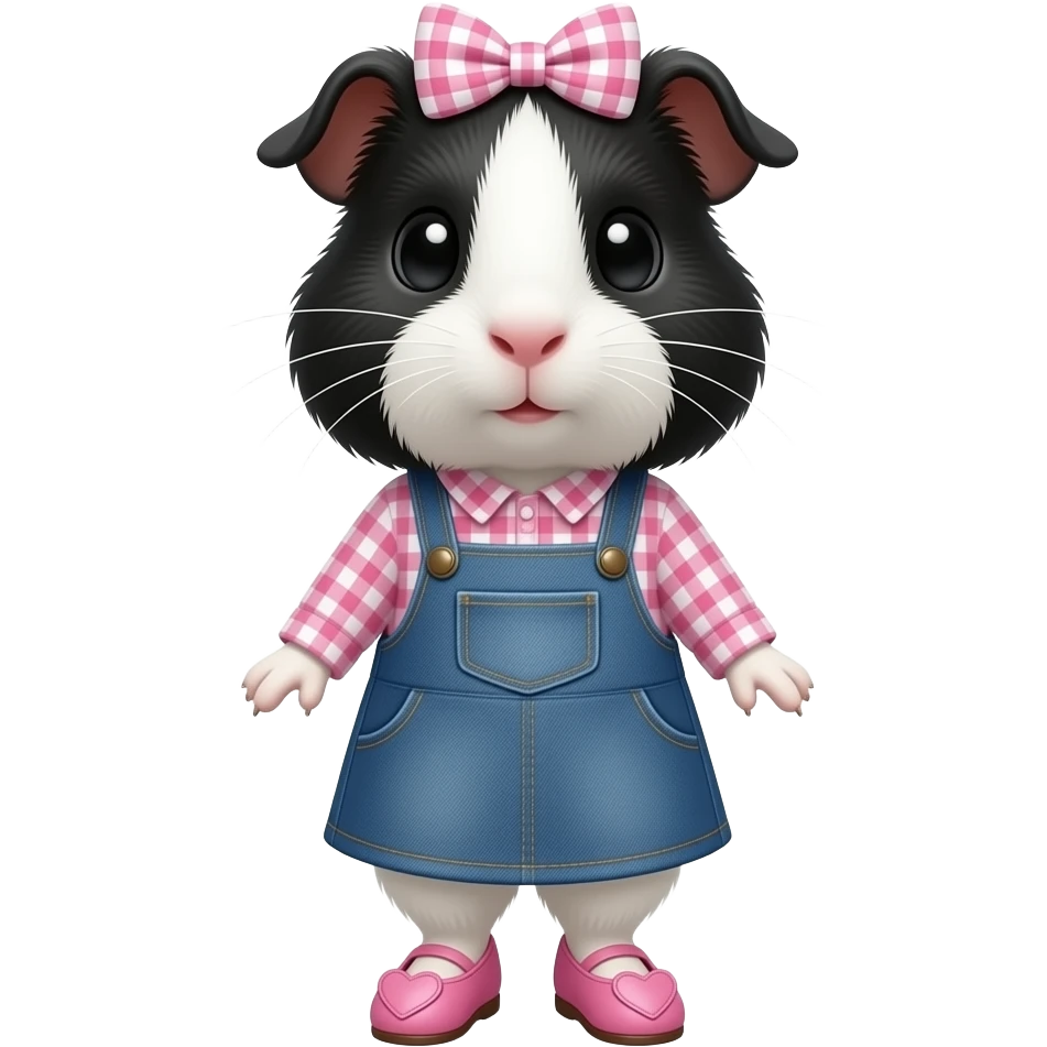 perruvian black and white guinea pig in long sleeve pink gingham shirt with a jean dress, pink shoes with hearts and a pink gingham bow in hair emoji