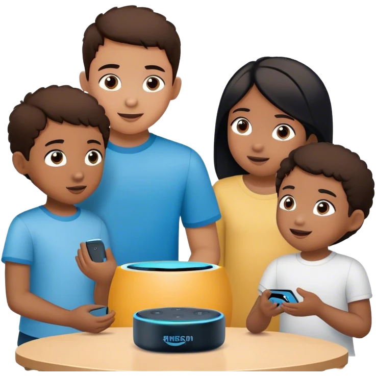 children interacting with a amazon alexa emoji
