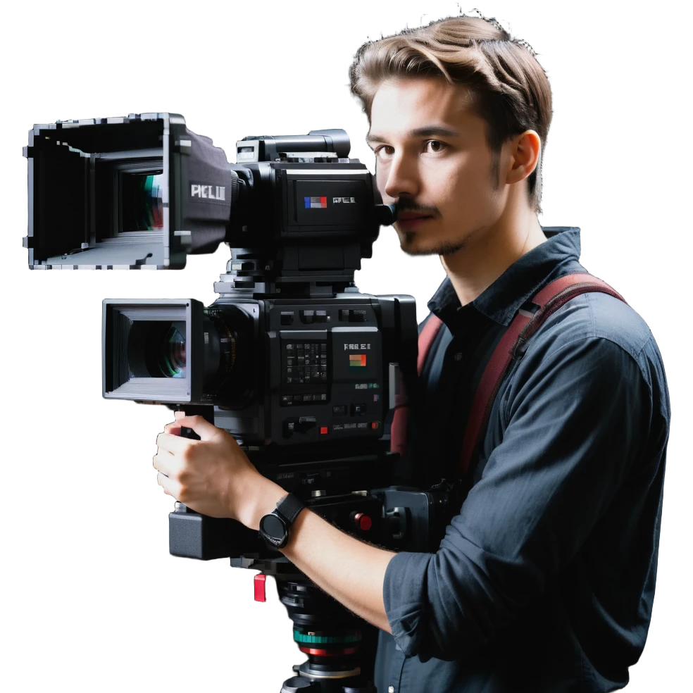cinéaste de profil ou 3/4 tenant une vraie caméra broadcast professionnelle, œil dans l’œilleton, cadrant devant lui, plan taille à tête emoji