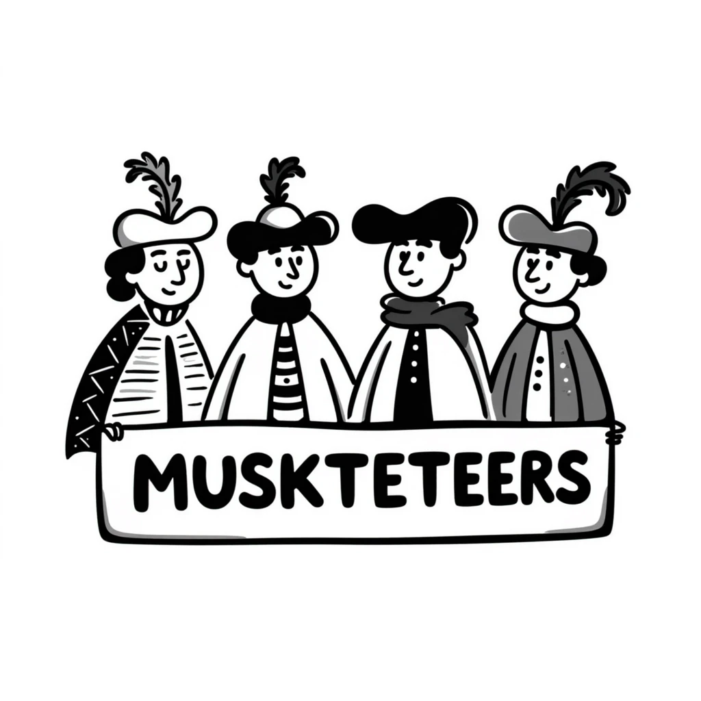 Cute cartoon of four musketeers with feathered hats and capes with the text "4 Musketeers" emoji