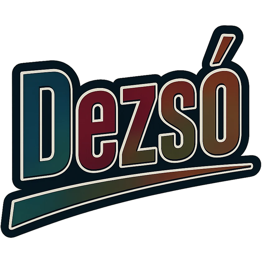 Dezső name in masculine, modern gradient font with dark contour, thin and clearly visible white border around letters, dynamic slanted underline, masculine shades of blue, gray, burgundy, green, brown, 1000x1000 px, PNG, transparent background, in the style of the uploaded Attila sample, with a long ő letter emoji