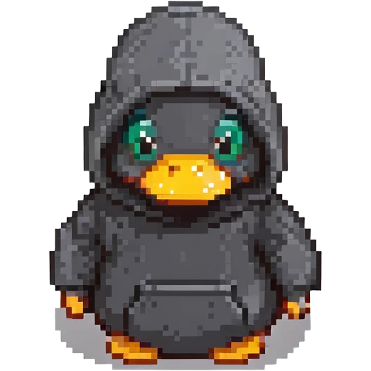 black rubber duck with tiny hoodie, hacker emoji