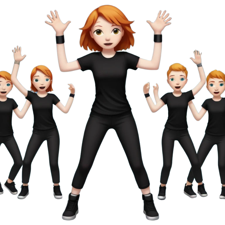 Ginger girl dancing at a rave. Full body, wearing dark colours give her loads of arms emoji
