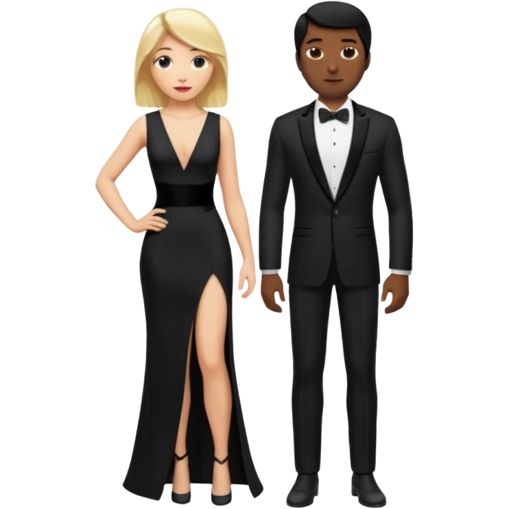 Blonde woman, black, Long, tight, sleveless Dress, Slot left Leg, man, black Hair, in Dinner jacket, Background ballroom emoji