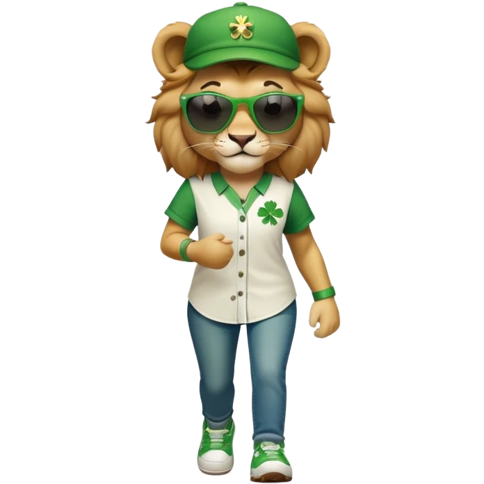 friendly anthropomorphised female lion wearing green and white baseball shirt, jeans, festive St. Patrick's Day accessories, dark sunglasses, walking upright with confident stride emoji