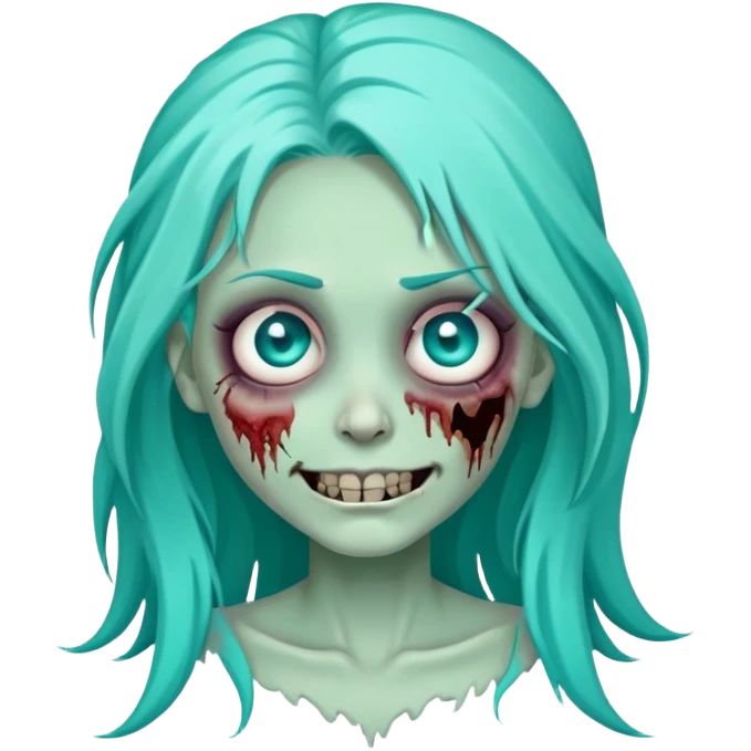 zombie girl with long turquoise hair, one eye missing, creepy smile, cute undead character emoji