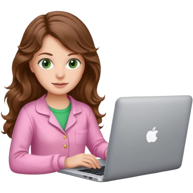 make a picture in ios 18 style of a white girl with brown long wavy hair and green eyes wearing pink pajamas and working on a laptop emoji