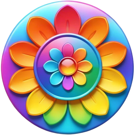 A round psychedelic colored button with bezeled edges and a rainbow colored 3D flower in the center emoji