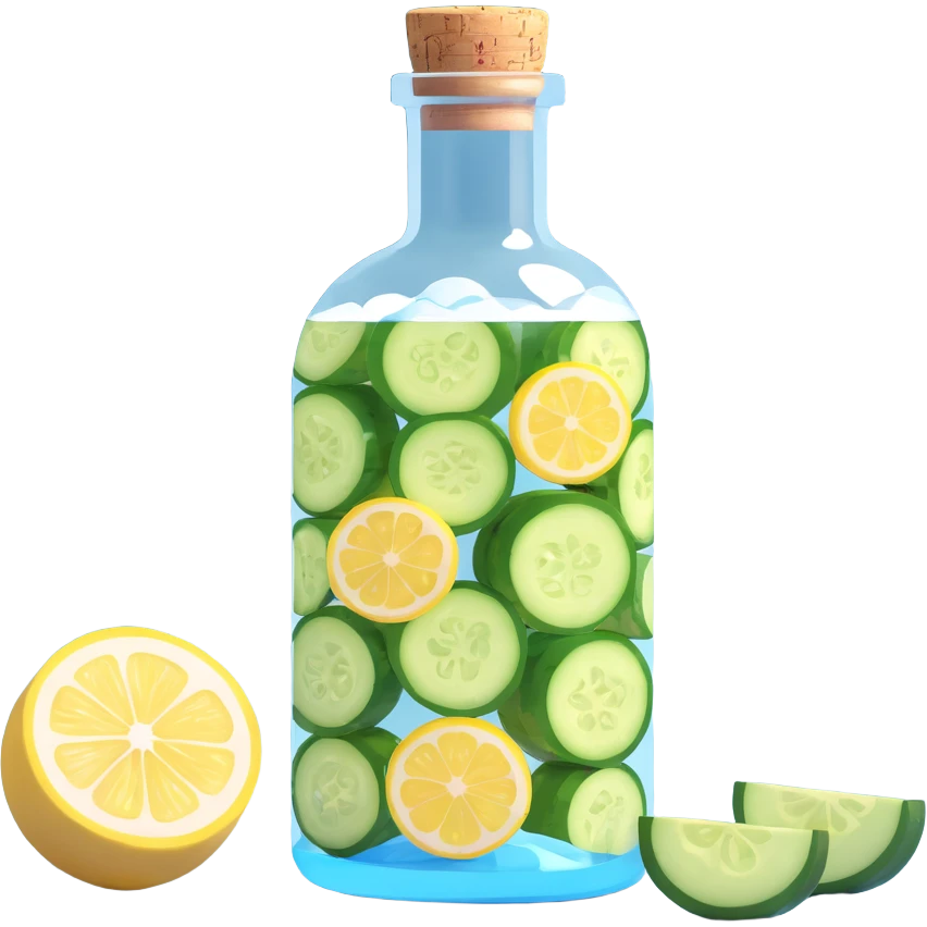 fancy 3D cocktail in a round bottle with a very small neck and cork, liquid color #6fdef1, inside cucumber slices, lemon slices, and ice cubes, realistic, photorealistic, eye-catching emoji