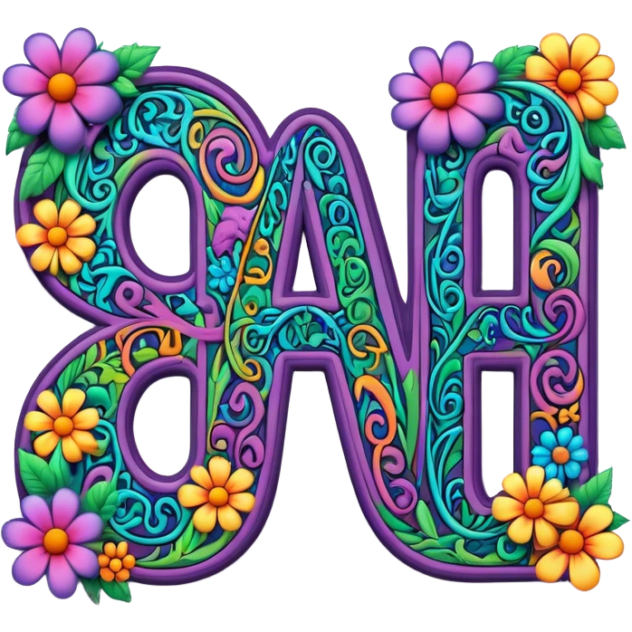 3D, gothic style psychedelic colored word “Gwynn” with hippie style flower border emoji