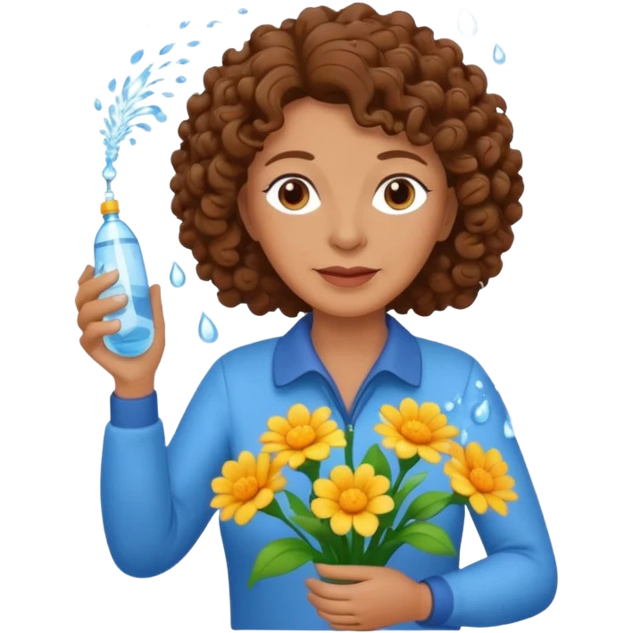 Older female florist – curly hair, spraying water on fresh flowers emoji