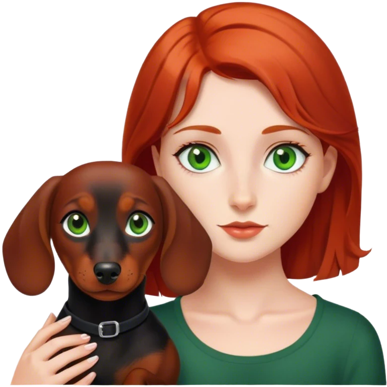 Red haired girl with green eyes and black short haired dachshund  emoji