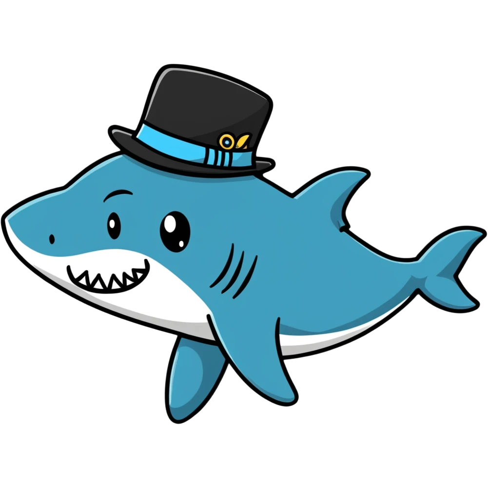 cartoonish sticker of a shark with a top hat emoji