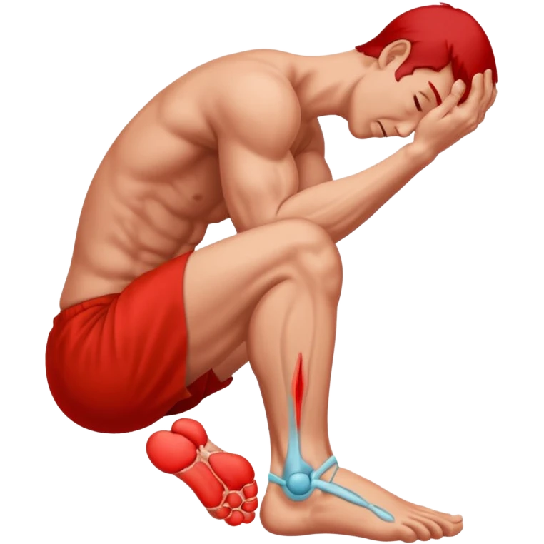 Man holding his foot in pain, muscle cramp in feet, red pain highlight on foot, simple medical emoji style, clean background emoji