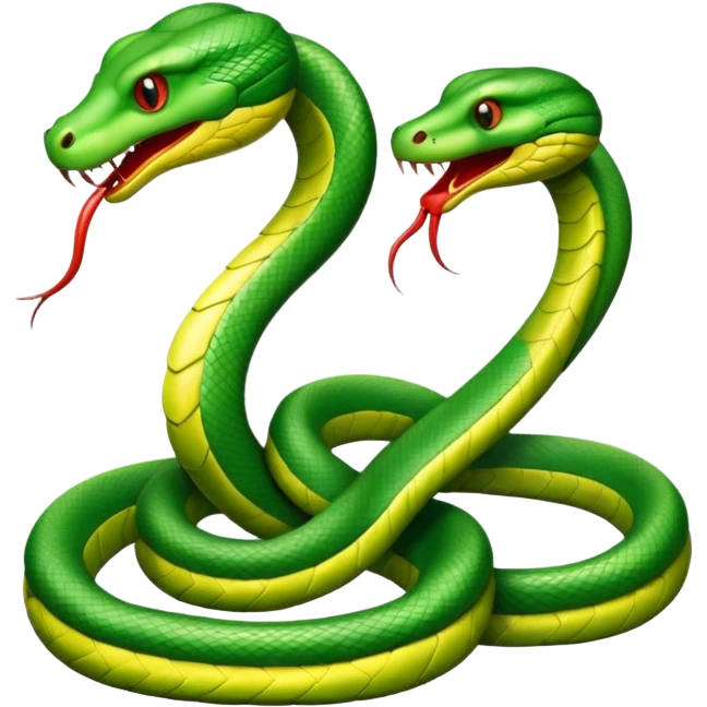 Two green snakes tangled at their tails, facing each other and hissing emoji
