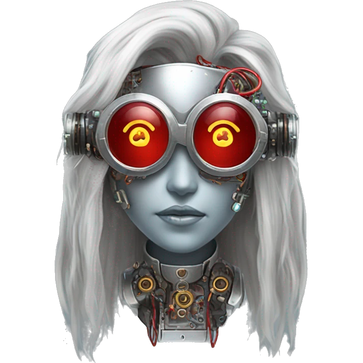 Silver long hair female cyborg head with red steampunk goggles and circuits emoji
