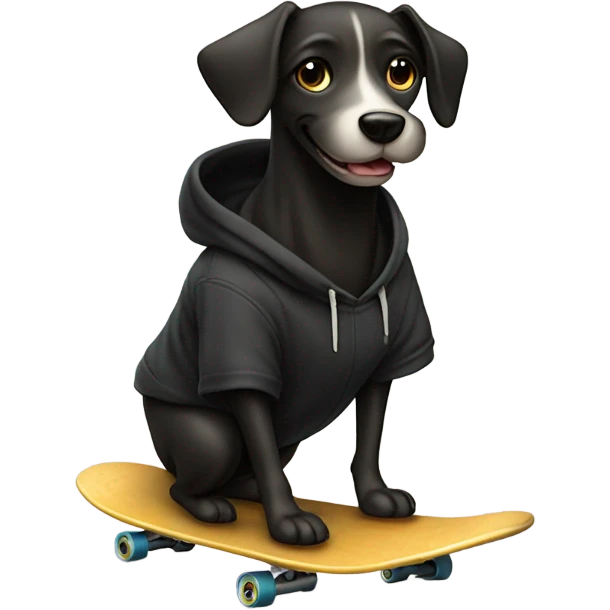 Dog wearing a black hoodie riding a skateboard with his hands in the pockets while having a grin on his face  emoji