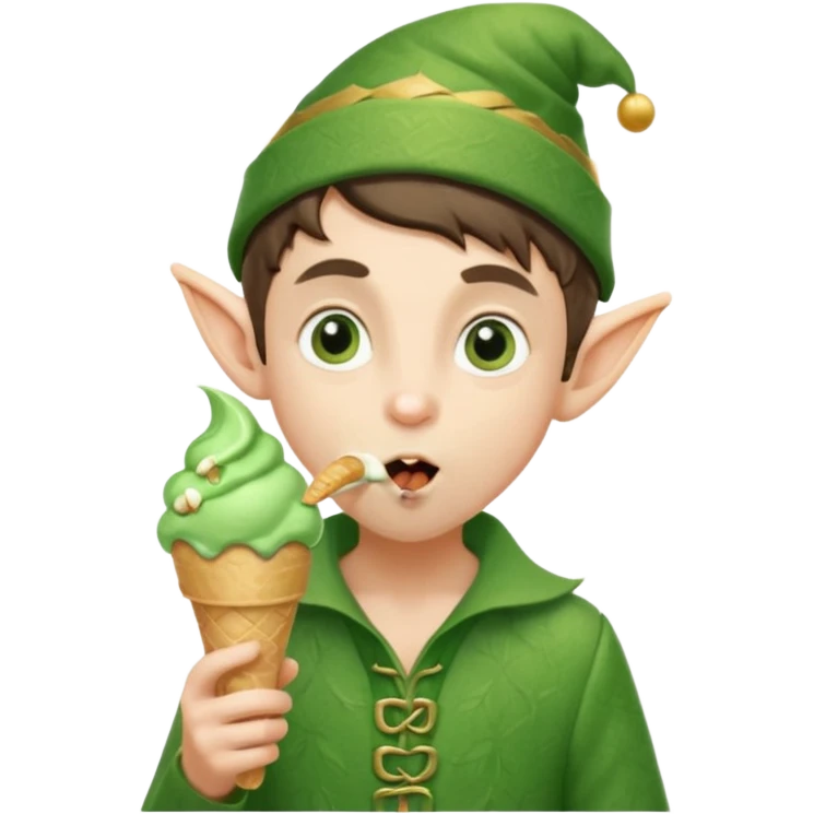 
A young elf boy in leafy clothes licking a triple-scoop ice cream with wide eyes.
baby elf with strawberry ice cream




 emoji
