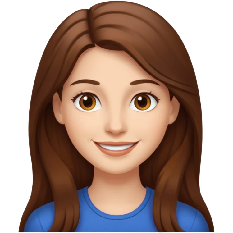 white woman with long brown hair and brown eyes, smiling emoji