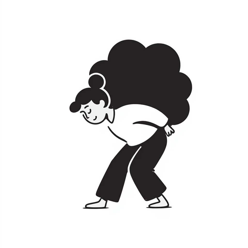 a woman straining with a difficult expression carrying something very heavy on her back, hand drawn doodle style emoji