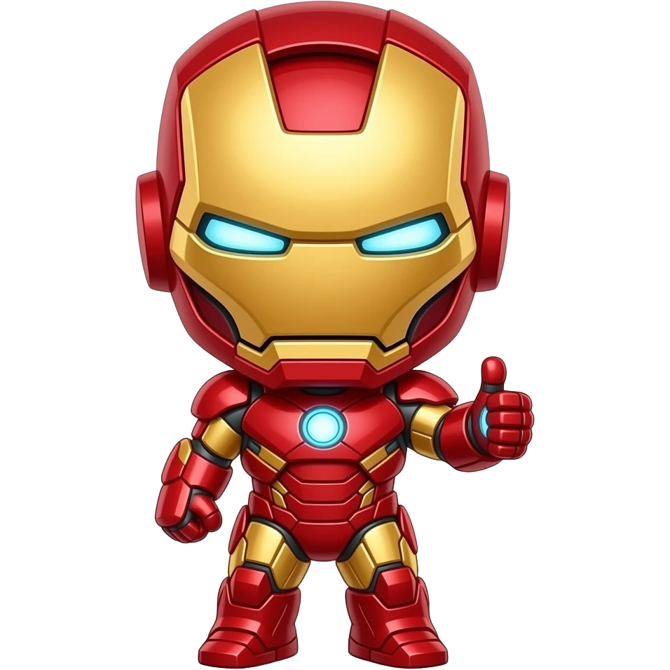 Cute chibi Iron Man sticker, glossy cartoon style, bold black outline, vibrant red and gold armor, glowing arc reactor on chest, Iron Man giving thumbs up, kawaii style, die-cut sticker look, white or transparent background, high detail, 3D cartoon lighting emoji