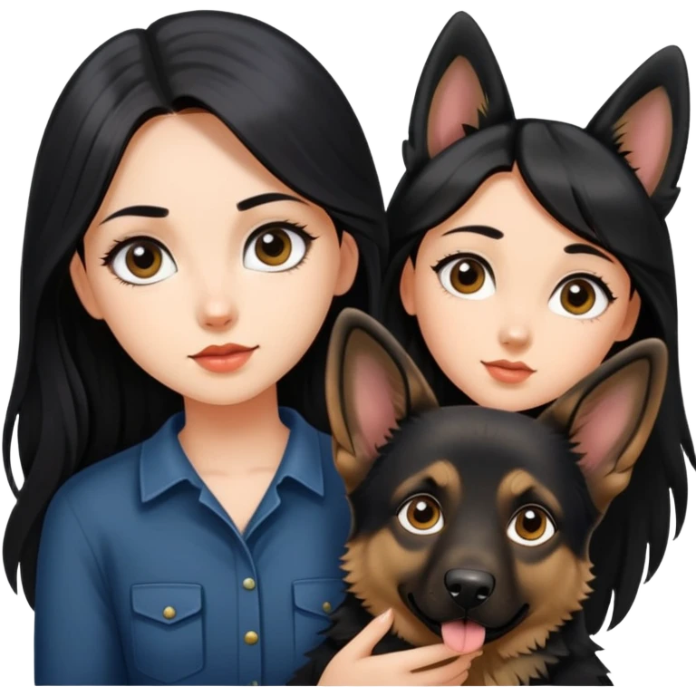 A beautiful girl with big eyes, fair skin, long black hair, and a German Shepherd dog emoji