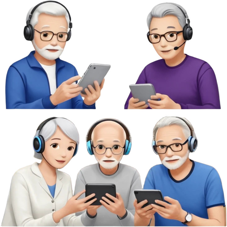 Please make it again in the style you just sent me. All devices should be Galaxy.
1. MZ users using headsets and watching youtube
2. A person holding a tablet in one hand and a smartphone in the other
3. Senior who enjoys looking at his cell phone
4. Creators working hard with Galaxy Tab + keyboard  emoji