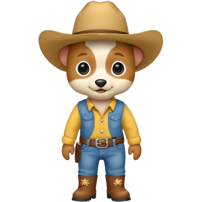a very cute and adorable anthropomorphic puppy with a cowboy hat ,yellow shirt and blue jeans and brown boots is walking  emoji