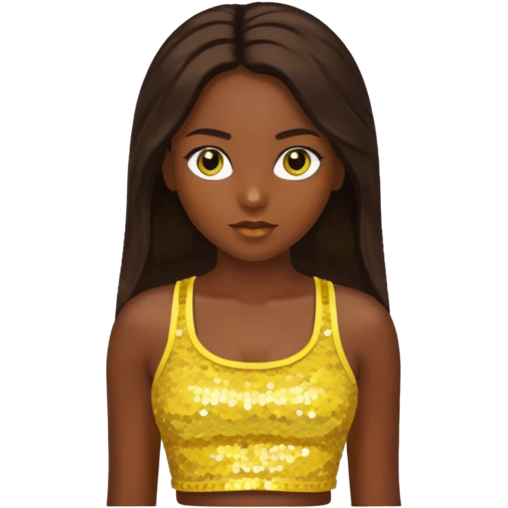 Sasha from Bratz with long dark brown hair, dark skin, hazel eyes, yellow sequin crop top emoji