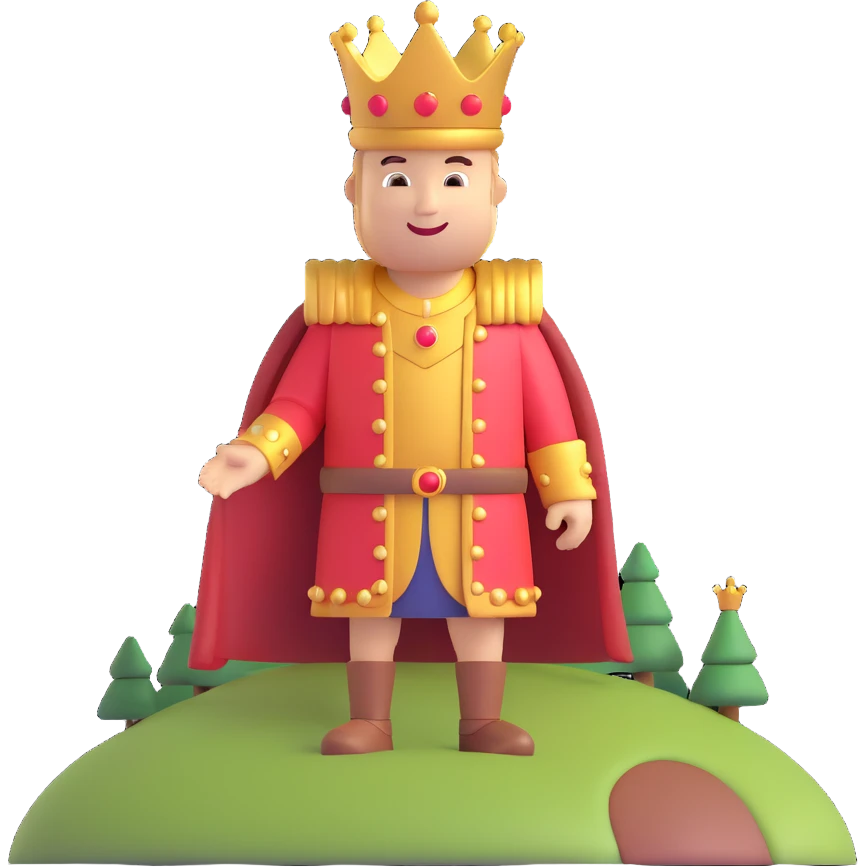 3D king character on a rounded hill, smiling, with a golden crown emoji