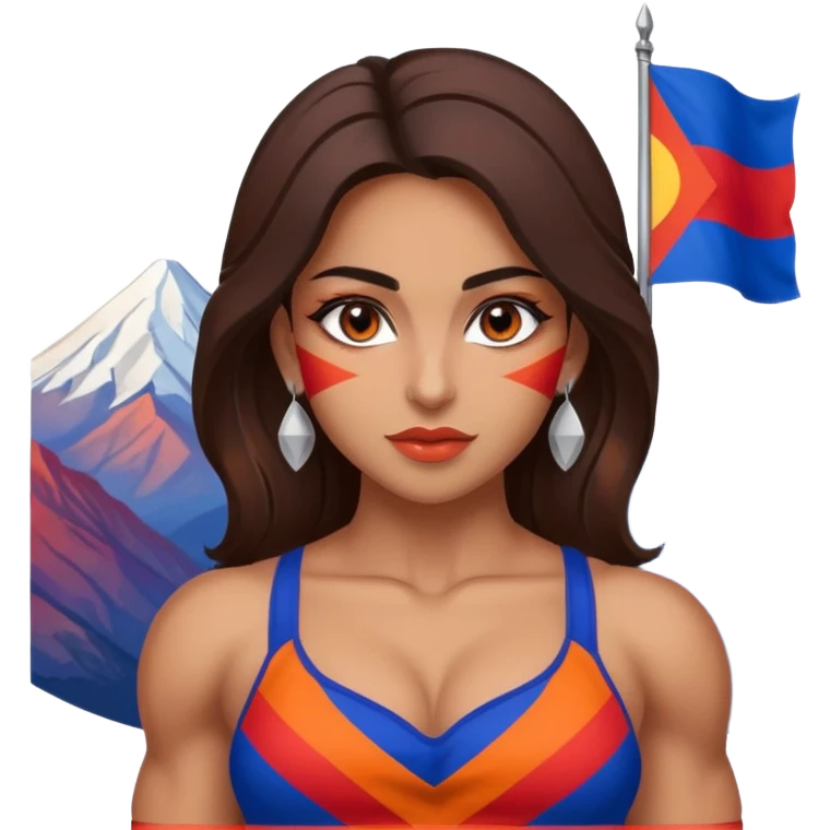 sexy and muscled, full body, brown skin Armenian caucasian girl, sexy Armenian girl, beautiful eyes, makeup, earrings, muscled, surrounded by mountains, Flag of Armenia - red, blue and orange stripes emoji