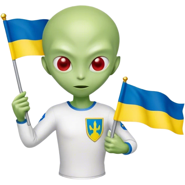 Green alien in Shirt 👚 vyshyvanka, white with red embodiary on sleeved, with 🇺🇦 Ukraine flag in a hand emoji