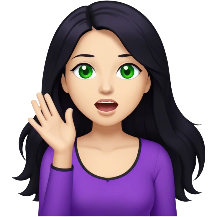 Woman with long black hair and green eyes with a purple top singing emoji