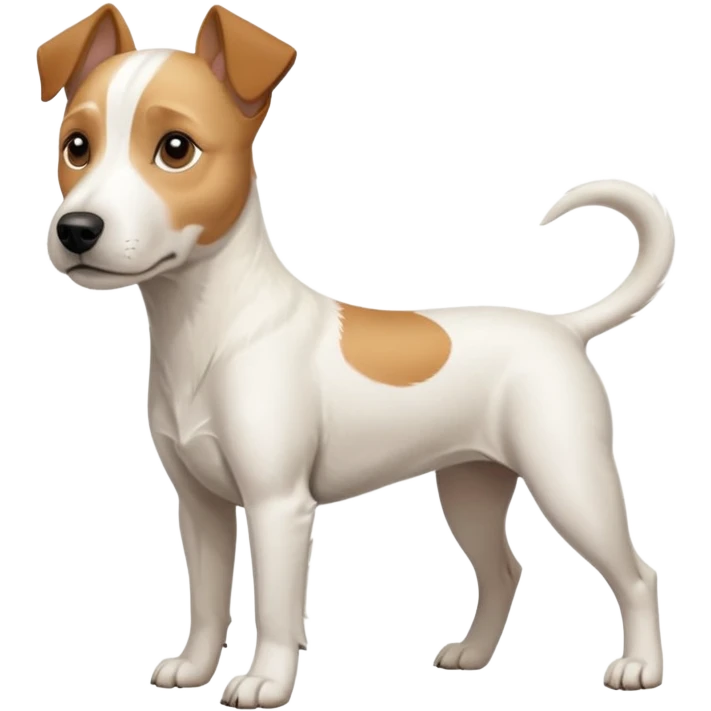 a full body facing front on of a buff white parson russell terrier looking dog the size of a kelpie with light brown long ears resting on its face and a light brown patch above one eye and a large snout. the rest of the dog is completely white.  emoji
