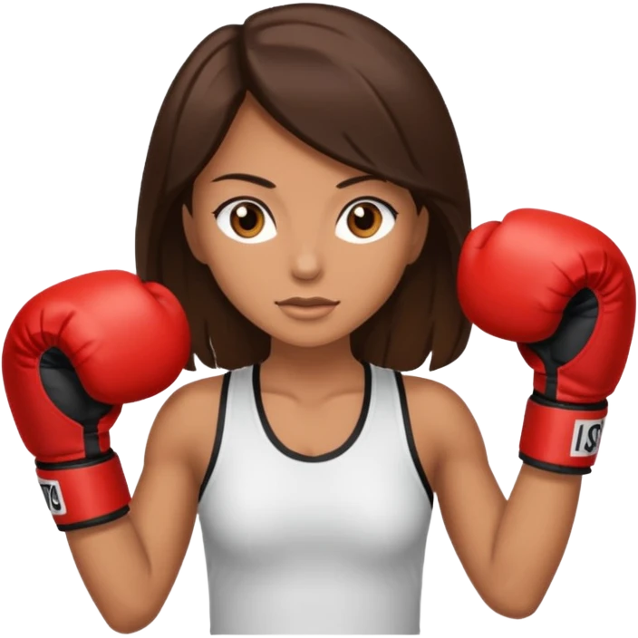 An woman with long dark brown hair light brown eyes in boxing gloves emoji